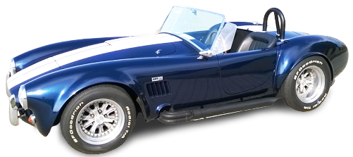 AC Cobra 427, anno 1965, colore blu a strisce bianche, cilindrata 7.000 cc